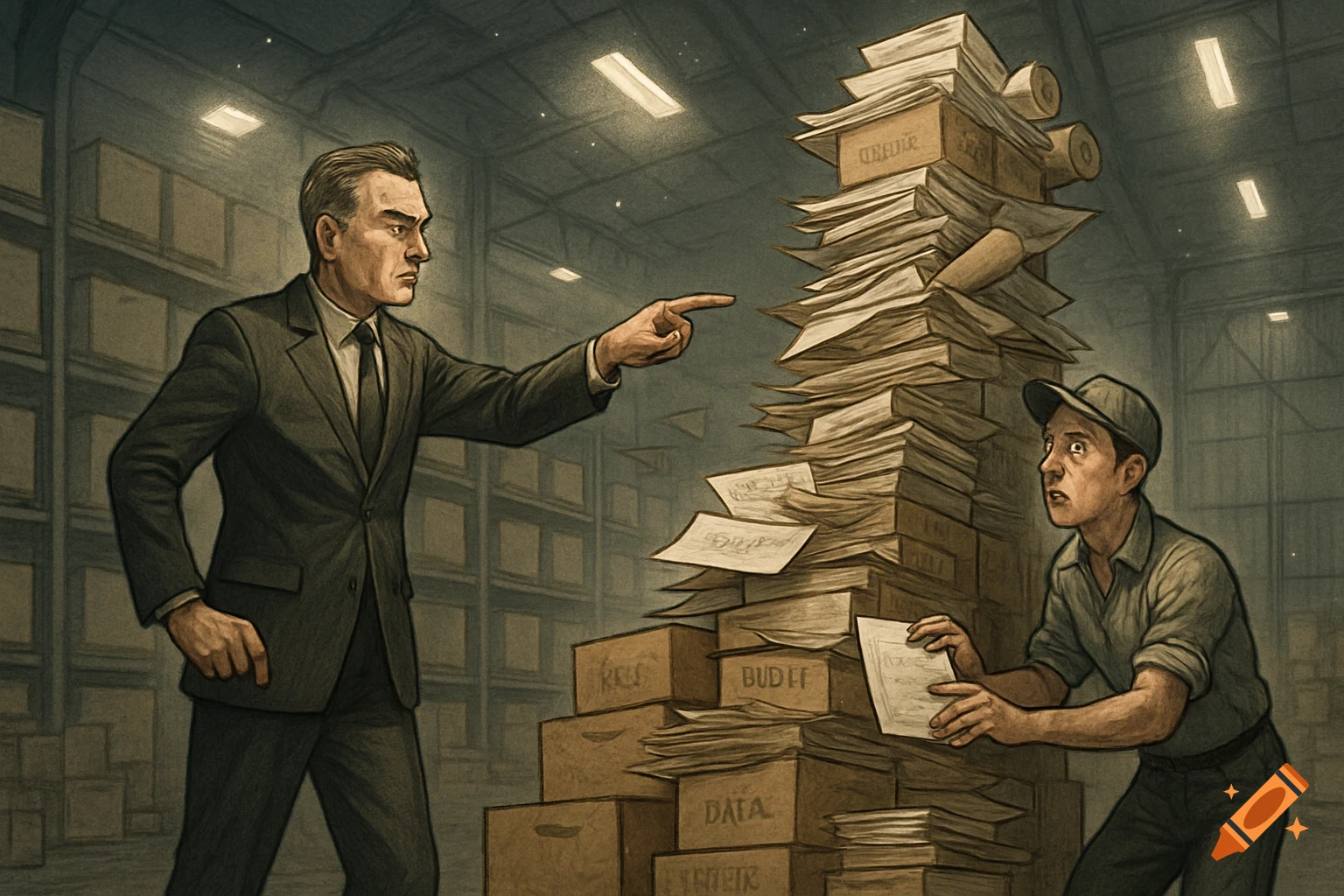 An illustration depicts an angry boss pointing at a towering stack of papers and boxes, demanding a worried warehouse worker find a document in a dimly lit warehouse.