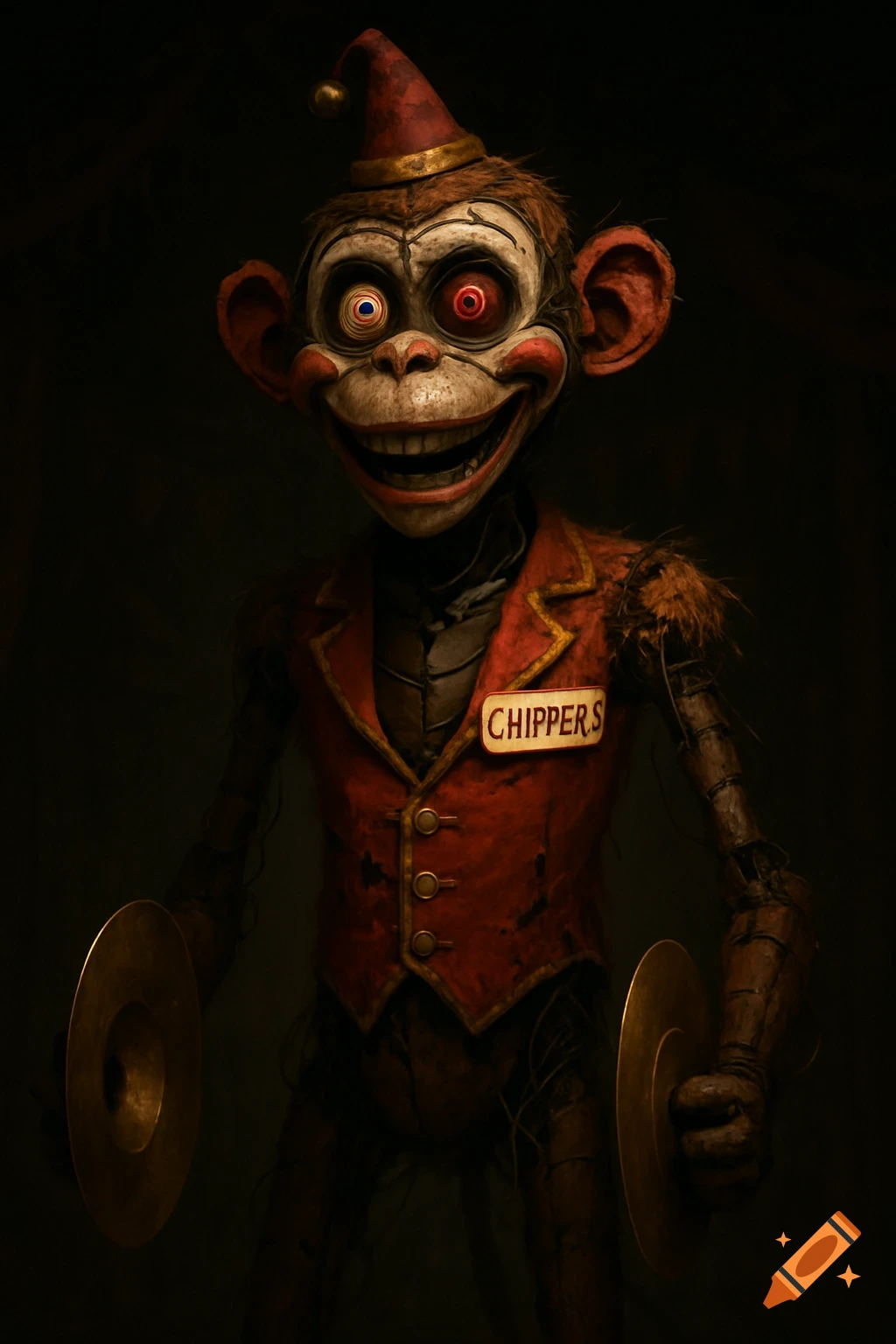 A creepy animatronic monkey, Chipper, wears a red vest and party hat, holding cymbals in a dark setting.
