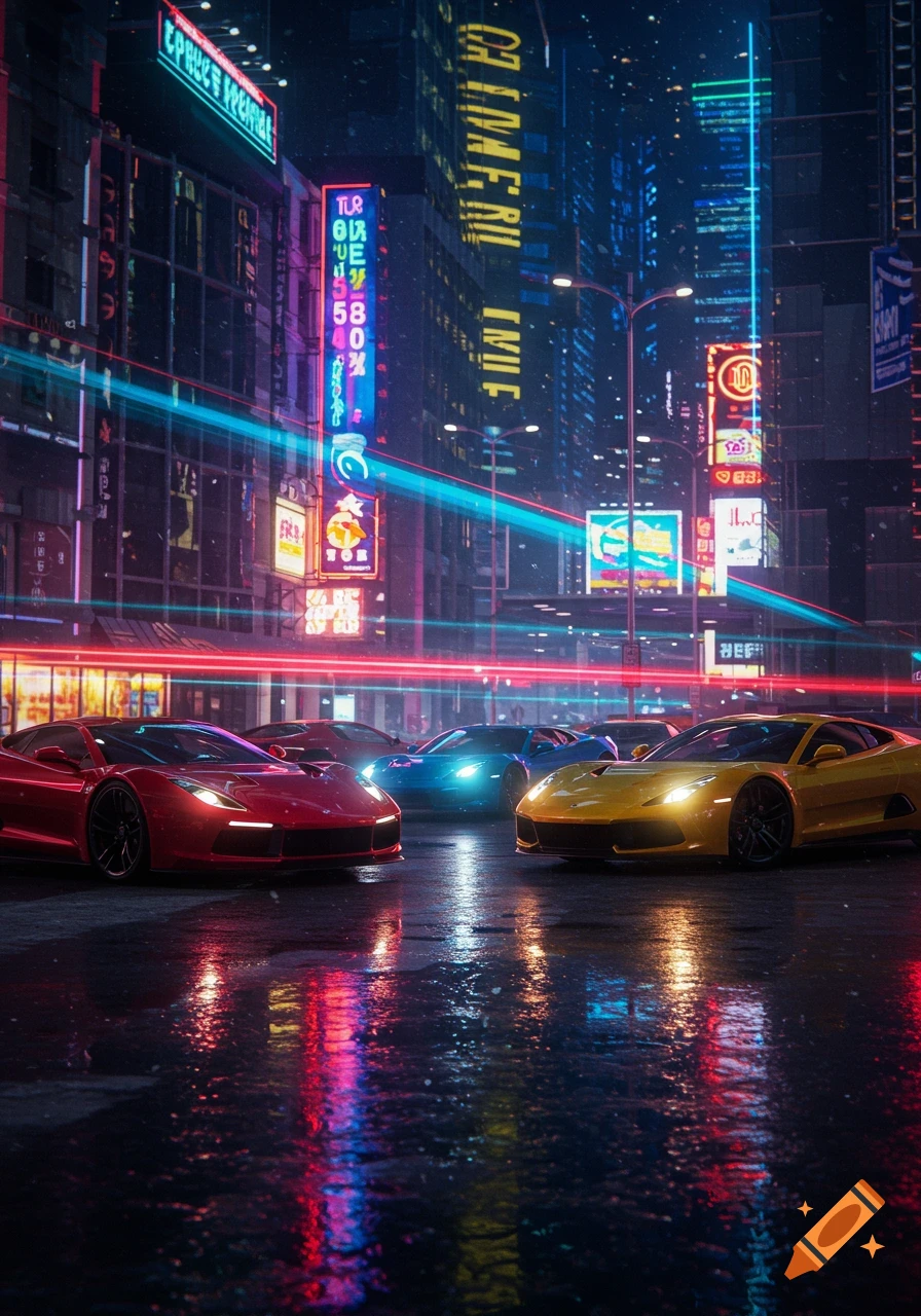 Red, blue, and yellow sports cars on a wet city street at night, with neon lights reflecting in puddles.