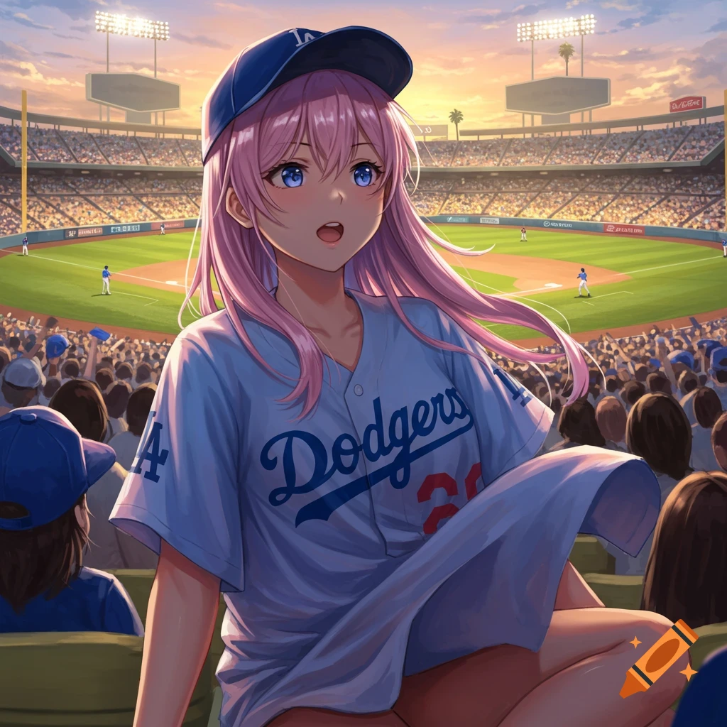 Anime girl with pink hair wearing a Dodgers jersey and cap, watching a baseball game from the stands.
