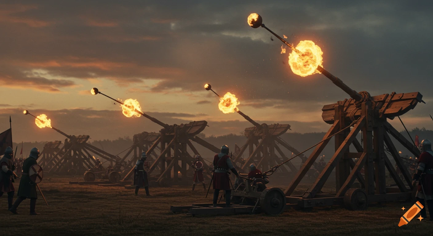 Photorealistic medieval catapults and trebuchets firing flaming projectiles on a battlefield at dusk, with soldiers.
