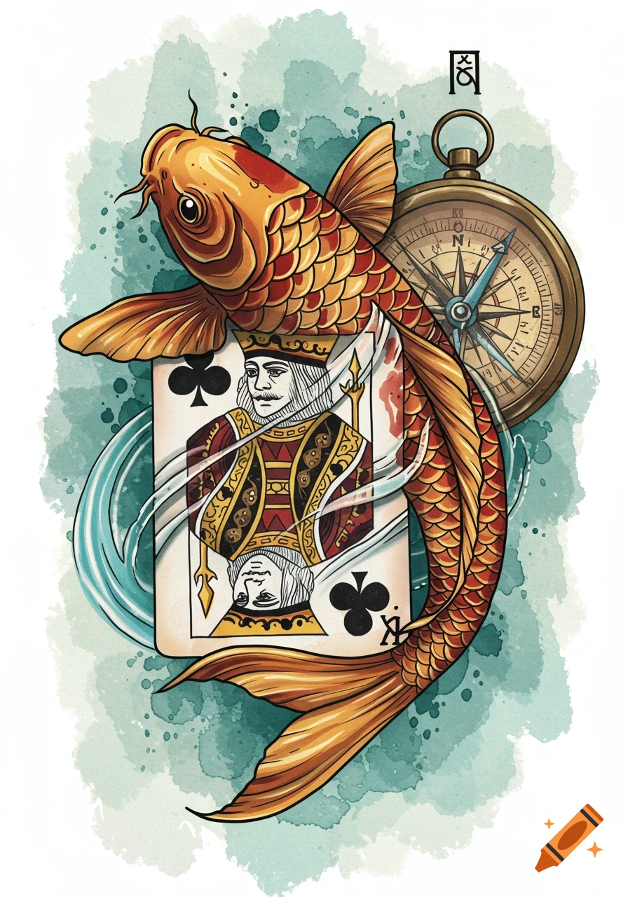 A golden koi fish wraps around a king of clubs playing card and a vintage compass in a watercolor tattoo art style.