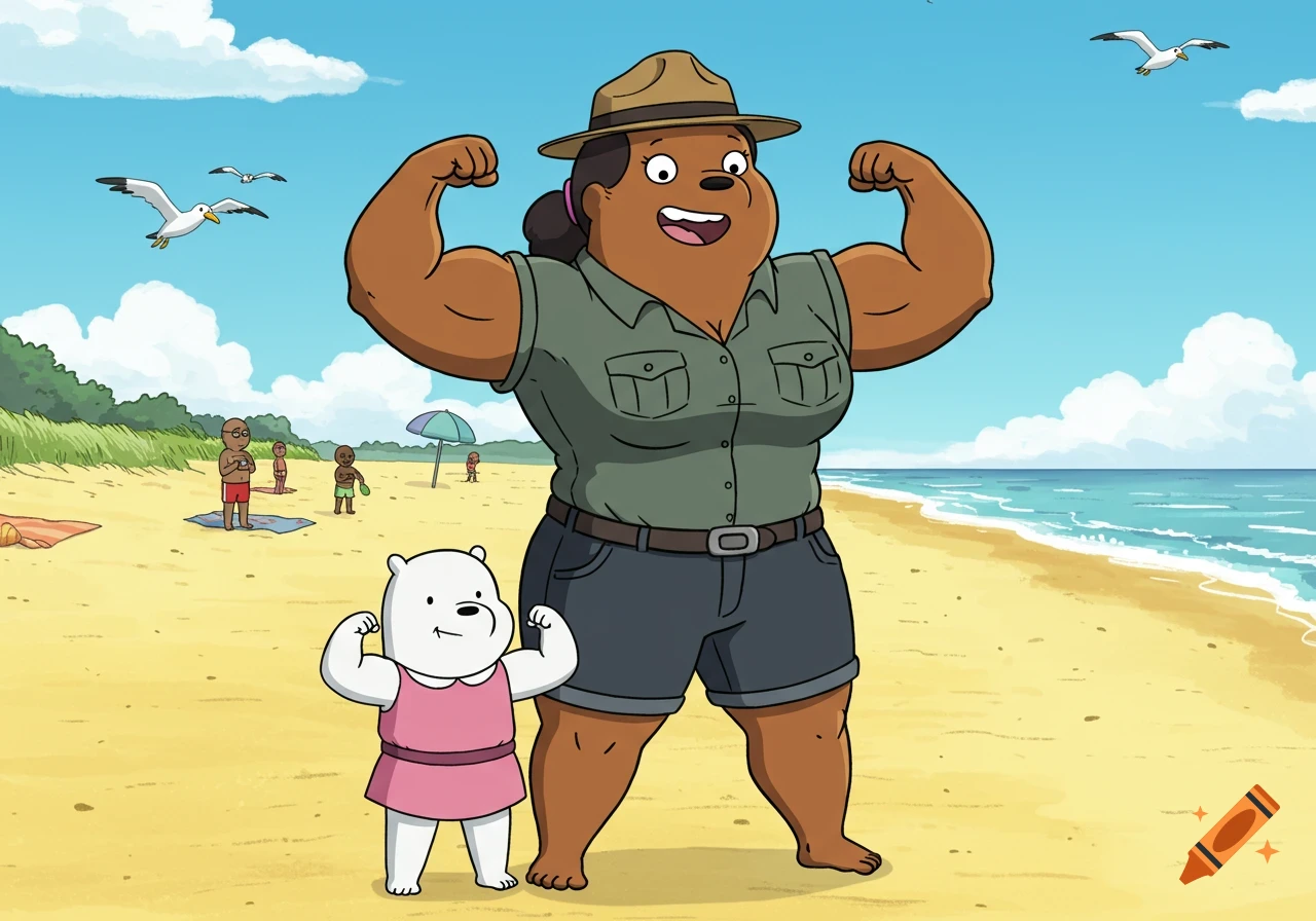 Cartoon Beach Ranger Ranger Tabes and Ice Bear flex their muscles on a sunny cartoon beach ...