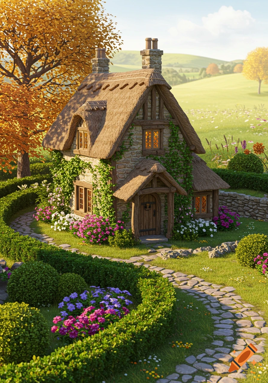 A whimsical stone cottage with a thatched roof and climbing vines, nestled in a vibrant garden with a winding stone path, colorful flowers, green bushes, and a golden autumn tree under a clear sky.