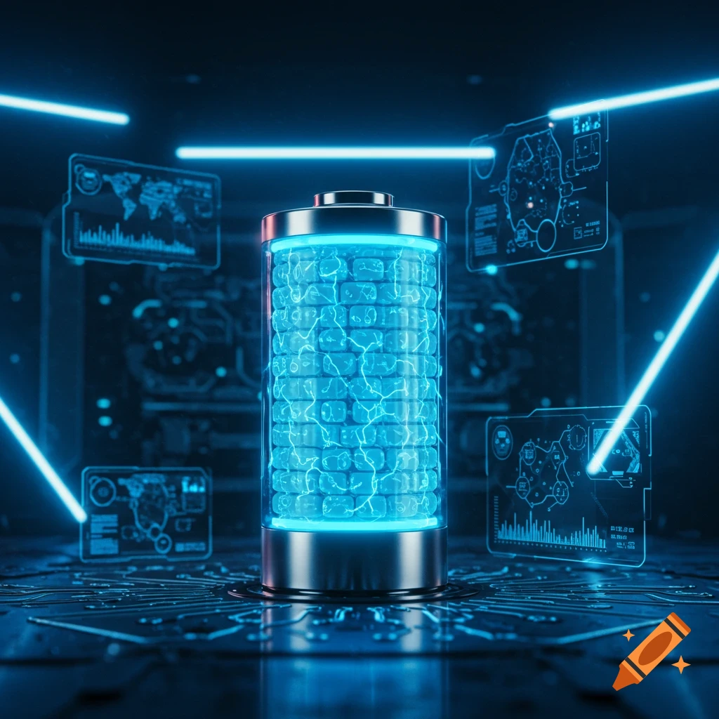A futuristic glowing blue battery with electrical arcs, set in a dark, high-tech environment with holographic displays and blue lights.