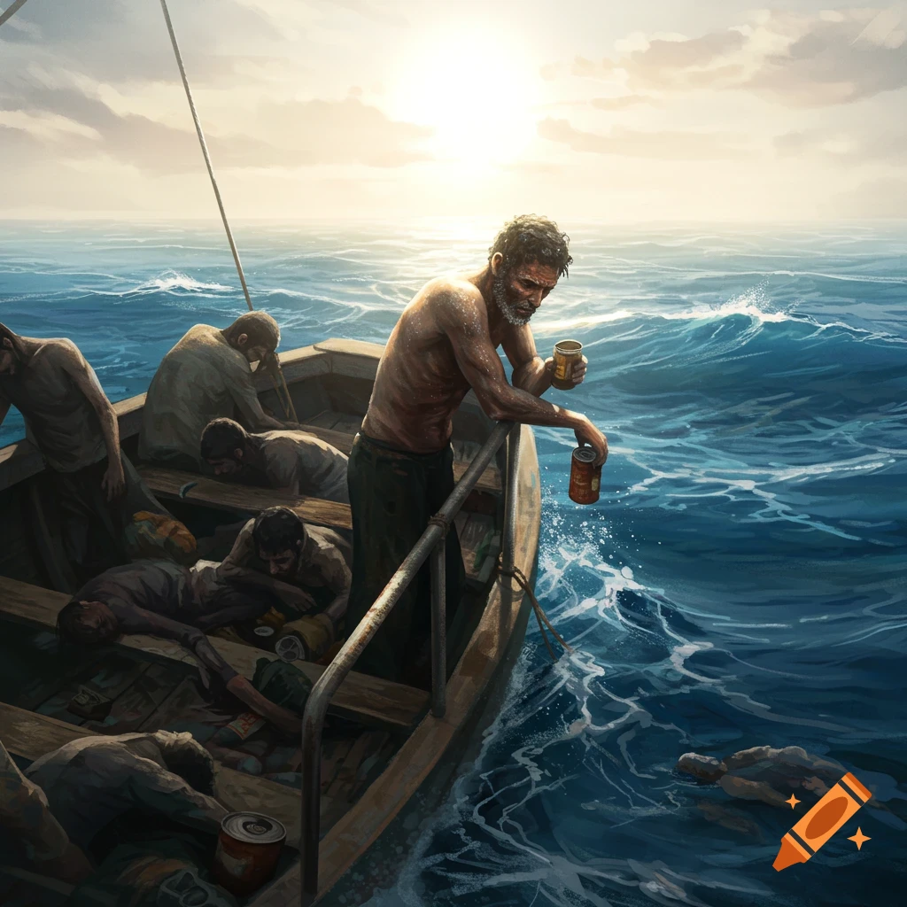 Distressed men in a small boat on a vast, rough ocean under a hazy sun. One weary man stands holding cans while others lie down, in a painterly style.