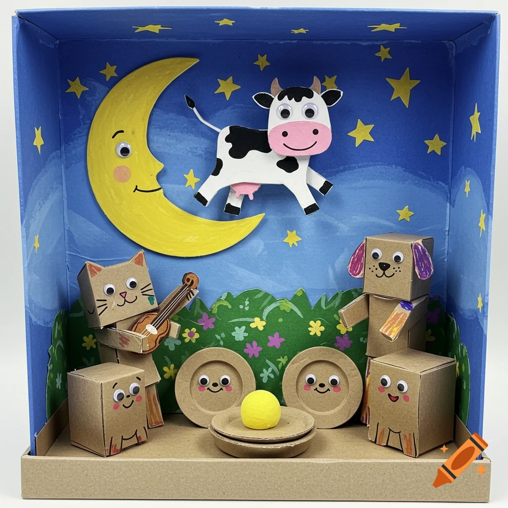A colorful cardboard diorama in a shoebox, featuring a smiling moon, a cow jumping over it, a cat playing violin, dogs, and smiling plates, representing the 'Hey Diddle Diddle' nursery rhyme.
