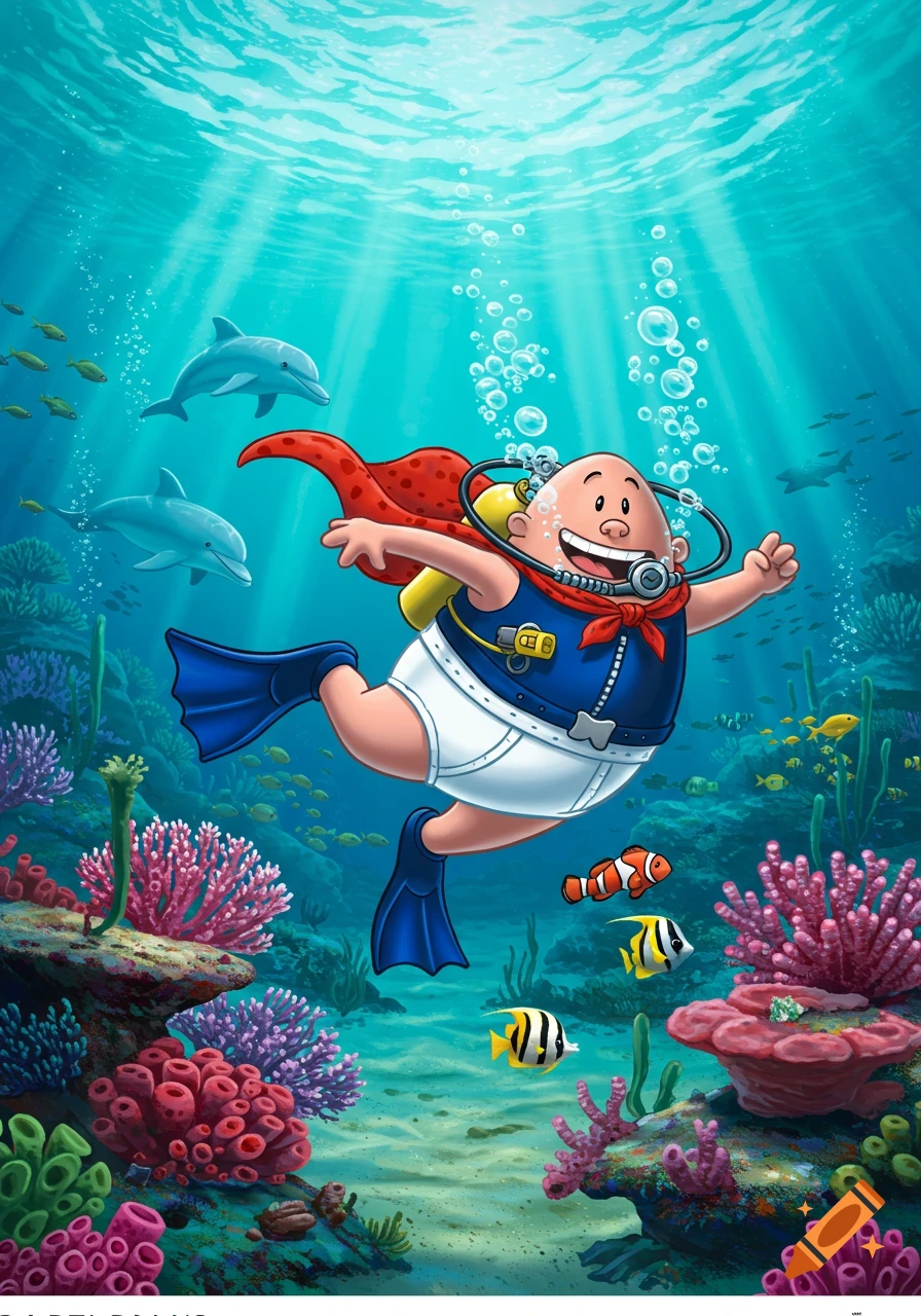 Cartoon Captain Underpants scuba diving with dolphins among colorful coral reefs.