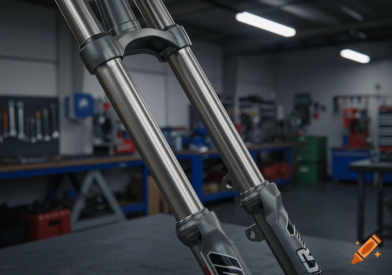 Close-up of grey motorcycle suspension forks in a blurred workshop setting.