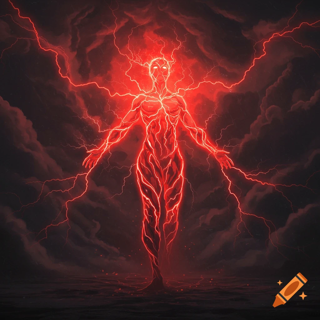 A humanoid figure composed entirely of glowing red lightning stands against a dark, stormy background.