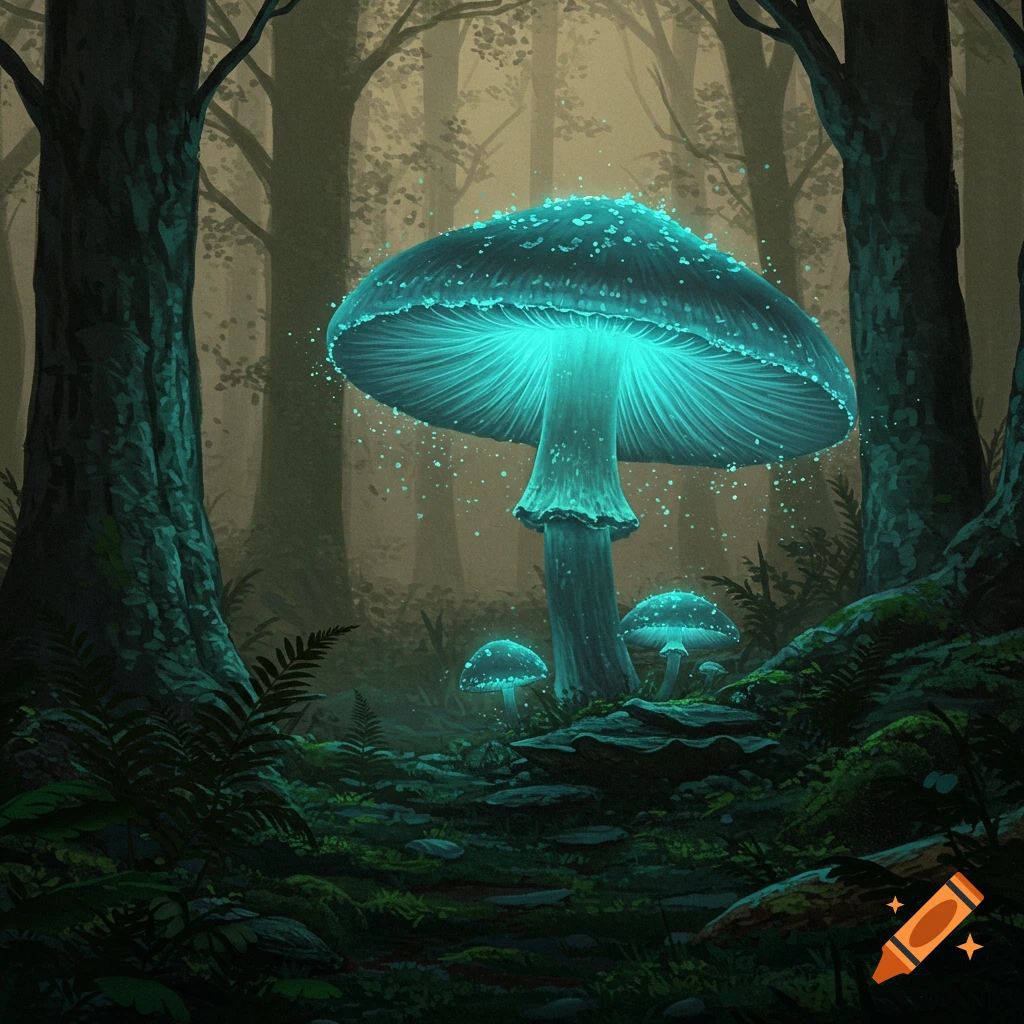 A dark, mystical forest scene with a large, vibrant blue glowing mushroom surrounded by smaller glowing mushrooms and ferns.