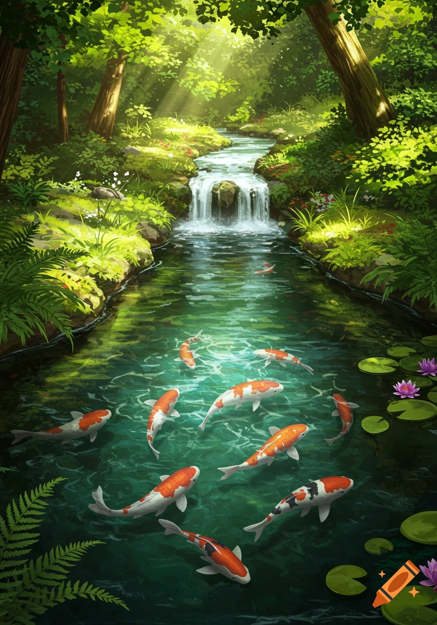 A vibrant digital illustration of a sunlit forest stream flowing into a pond with colorful koi fish and water lilies.