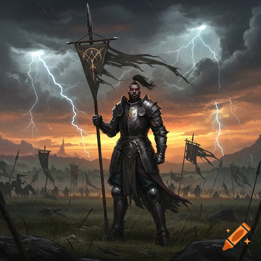 A dramatic dark fantasy art illustration of an armored human fighter ...