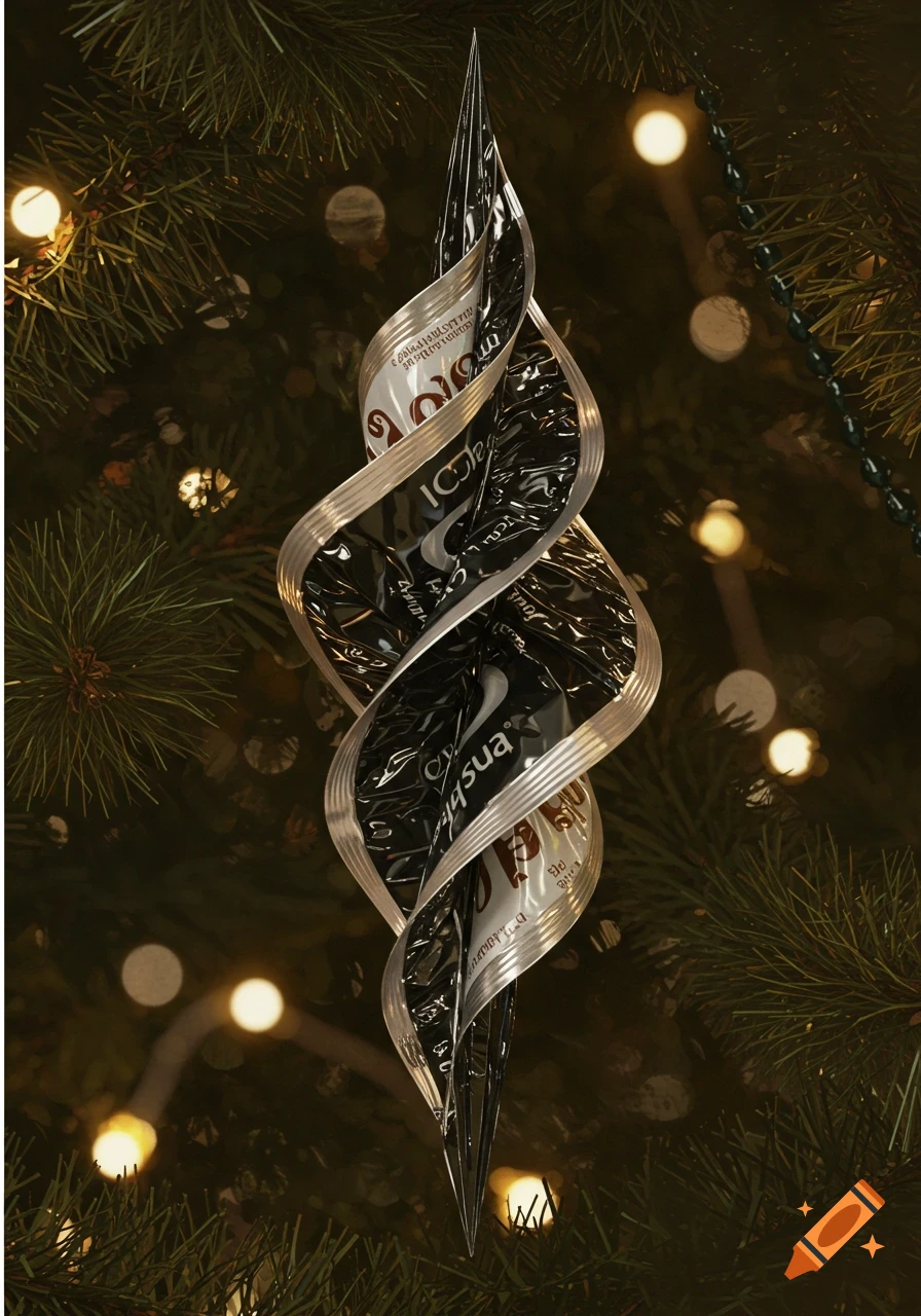 A photorealistic, spiraling black and silver foil ornament hangs on a Christmas tree branch with blurred lights.