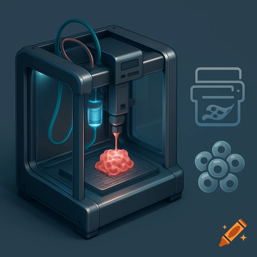 A futuristic 3D bioprinter creating a red organic mass, with glowing blue tubes and abstract icons of a container and cells on a dark background.