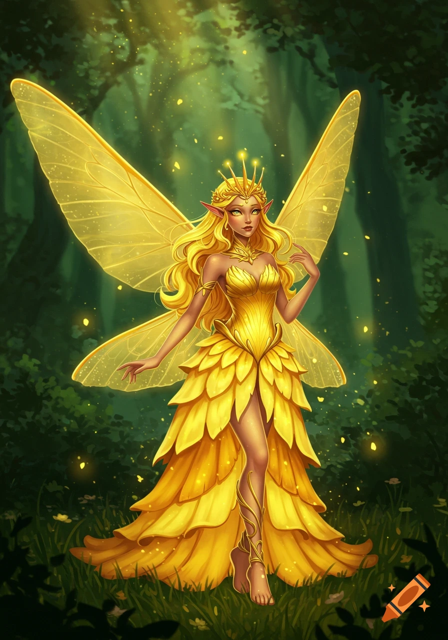 An anime-style golden fairy queen with long blonde hair and large wings stands in a sunlit forest.