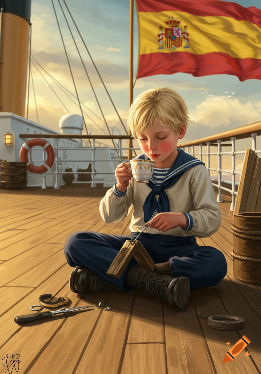 A blond boy in a sailor suit sips tea and repairs wood on a ship deck with a Spanish flag, digital painting.