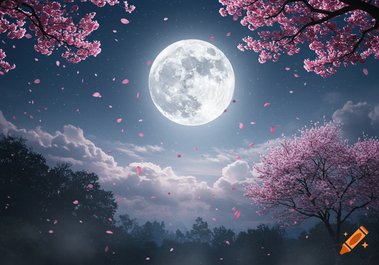 A vibrant full moon illuminates a night sky filled with falling pink cherry blossom petals and dark trees.