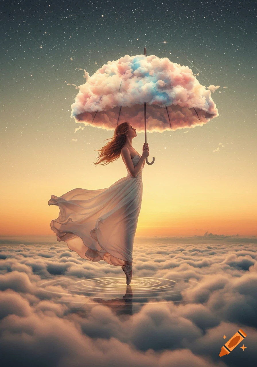 A woman in a flowing white dress stands on clouds, holding a dreamy cloud-umbrella under a starry sunset sky.