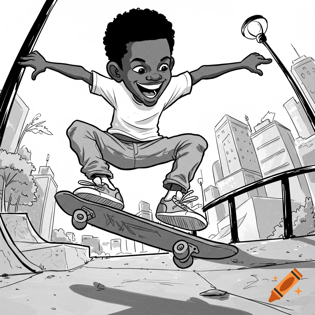 A happy Black boy in a black and white caricature style performs a skateboard trick in an urban setting.