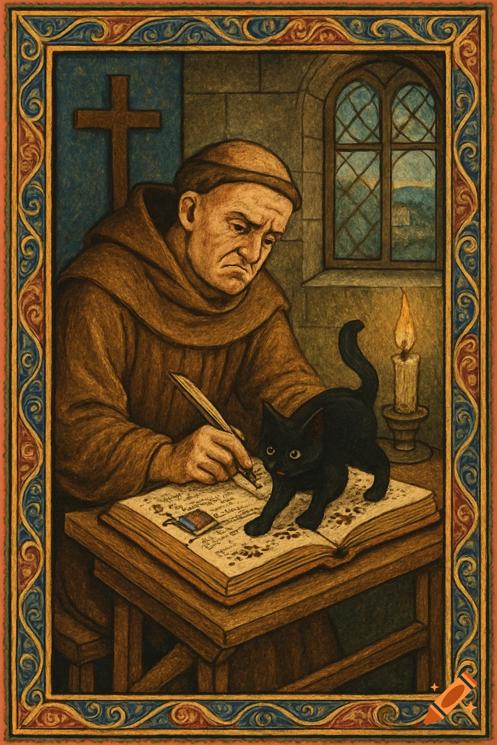 A medieval painting shows a brown-robed monk writing in a large book by candlelight, while a black cat walks across the open pages. A cross hangs on the wall and a window overlooks a landscape.
