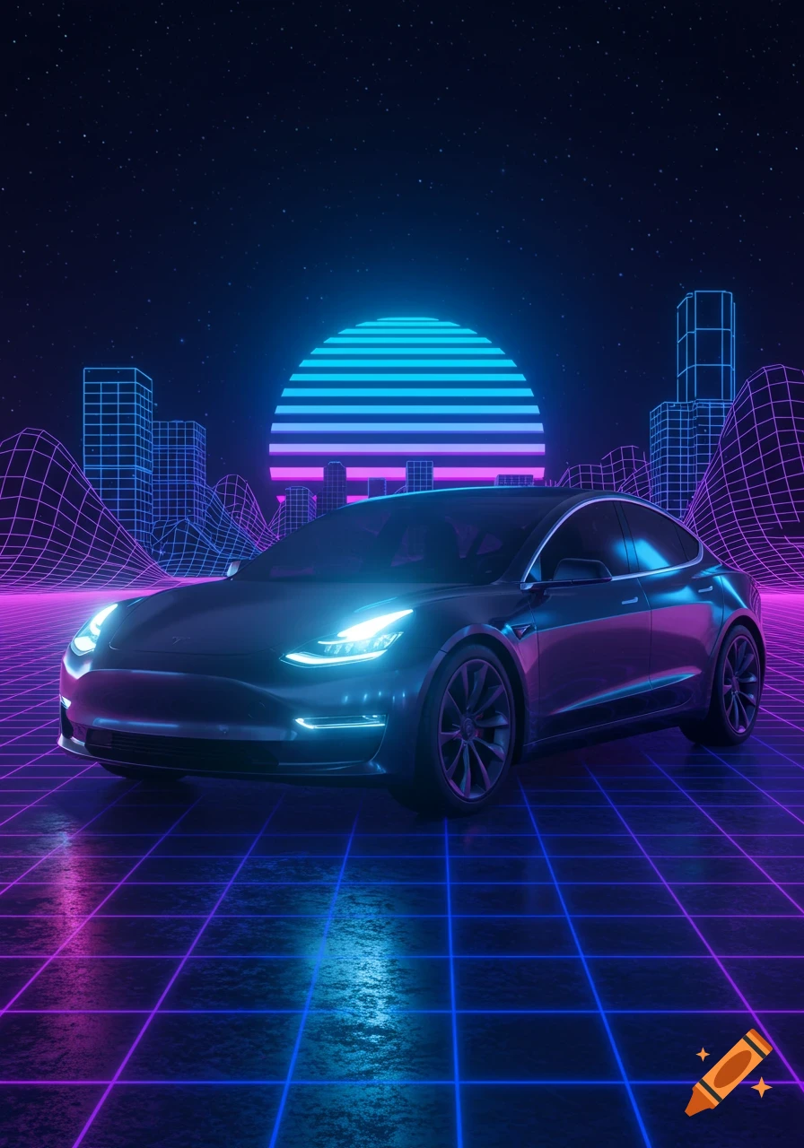 A black Tesla Model 3 in a neon-lit, retro-futuristic cityscape with a glowing grid horizon and a striped sun.