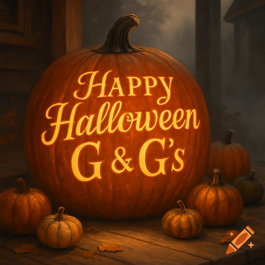 A large glowing carved pumpkin with 'Happy Halloween G & G's' surrounded by smaller pumpkins on a wooden porch at night.