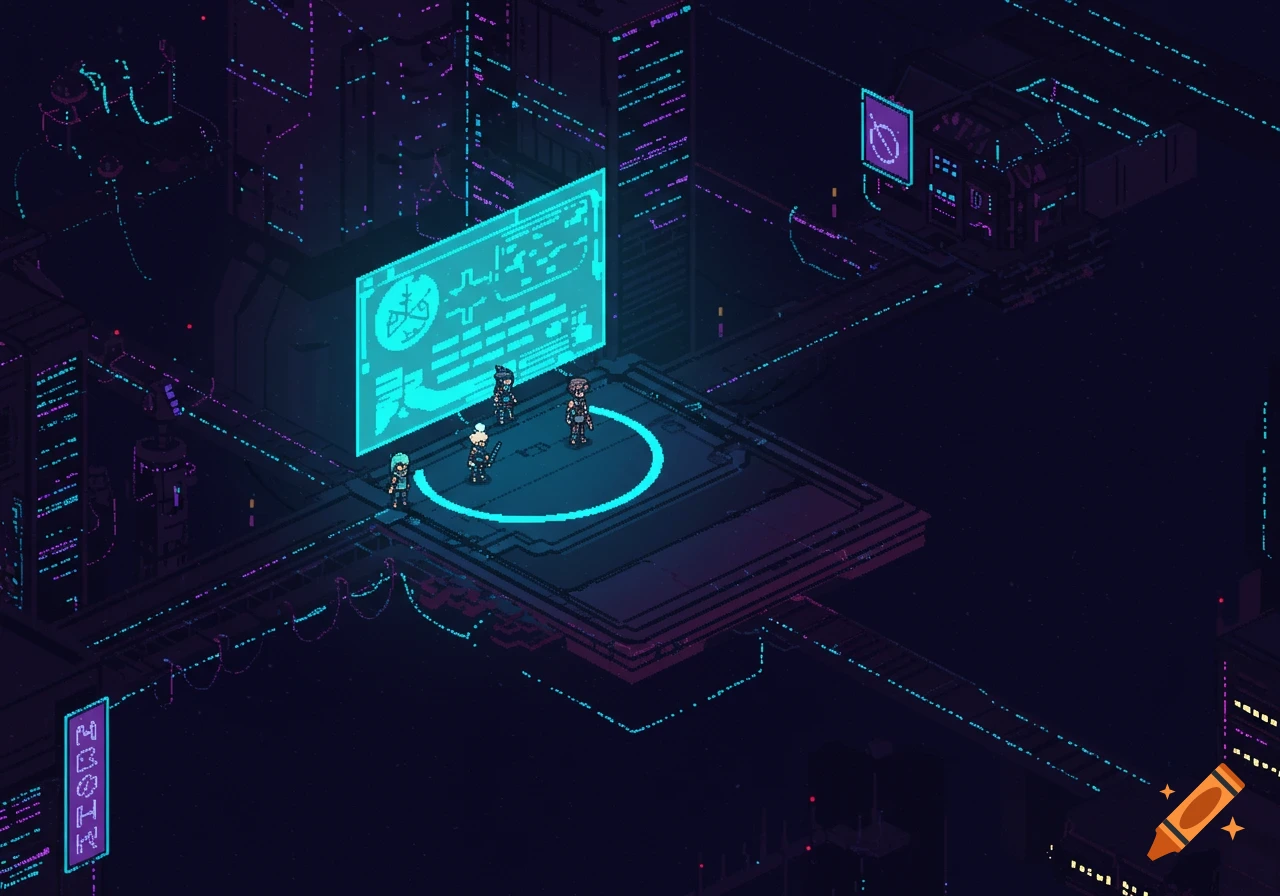 Isometric pixel art of a dark cyberpunk city with neon blue and purple lights. Four characters stand on a platform in front of a large holographic screen.