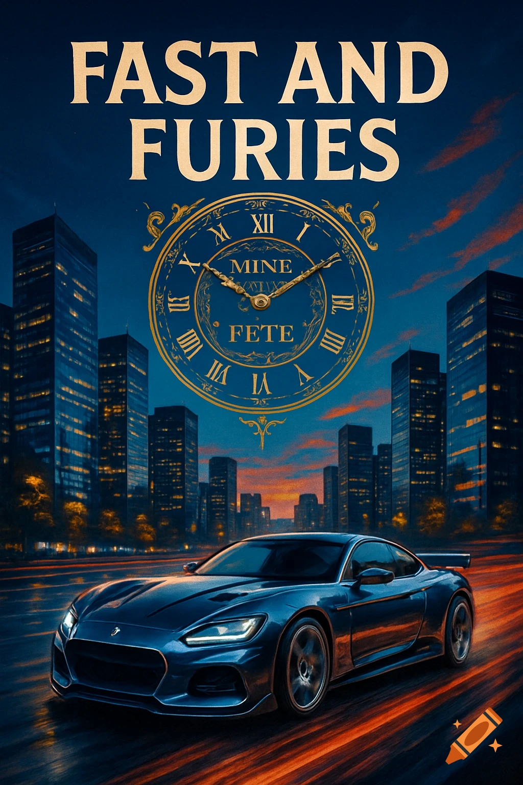 A poster showing a sleek blue sports car on a road with motion blur, against a city skyline at dusk, beneath a large golden clock and the text "FAST AND FURIES".