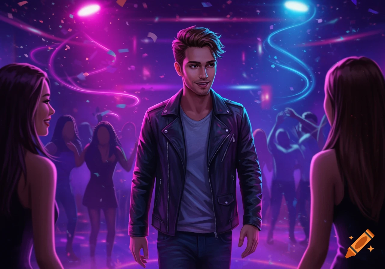 A handsome man in a leather jacket walks through a vibrant, neon-lit nightclub, looking towards a girl.