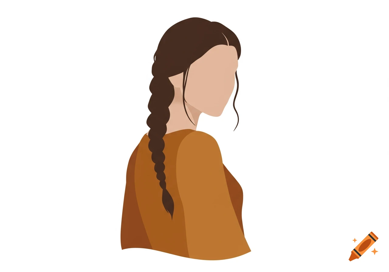 A minimalist, flat-style illustration of a woman from behind with a long brown braid and a blank face, wearing an earth-toned top.