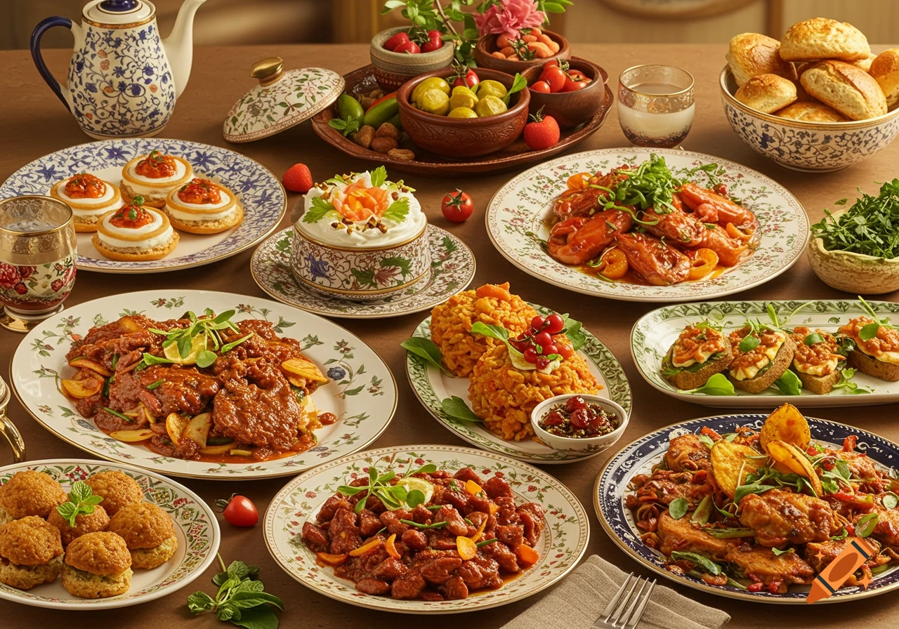 A lavish table spread with multiple ornate plates of various Middle Eastern or Mediterranean dishes, including meat, rice, breads, and desserts, set on a warm wooden surface.