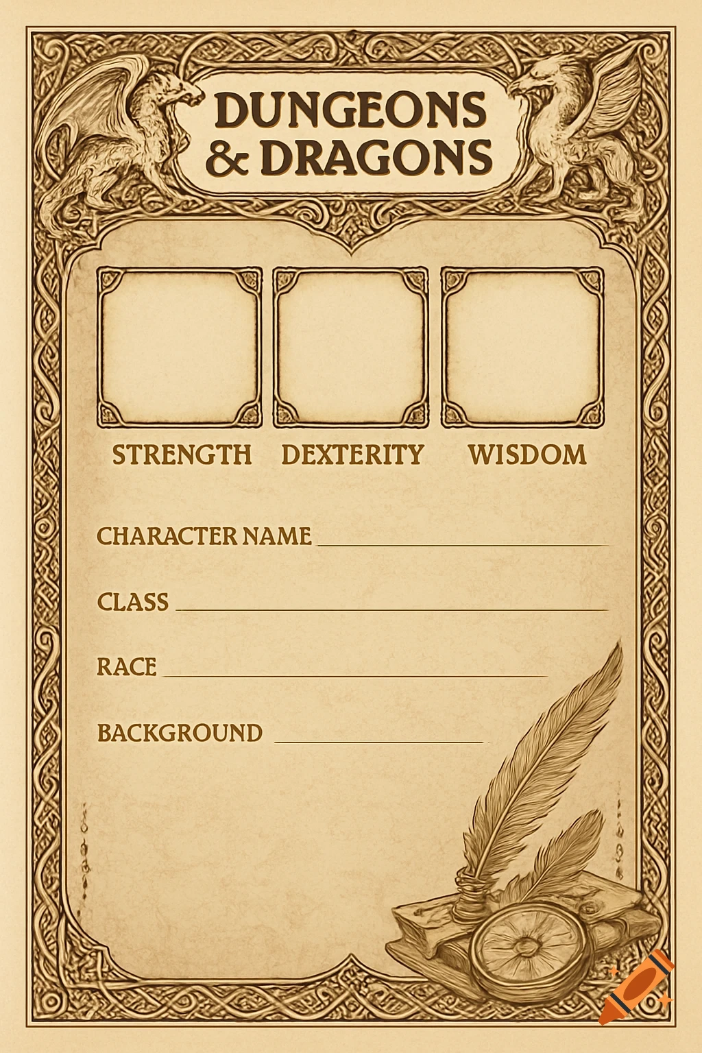 Vintage Dungeons & Dragons character sheet template with ornate dragons, Celtic knot border, and character stats fields.
