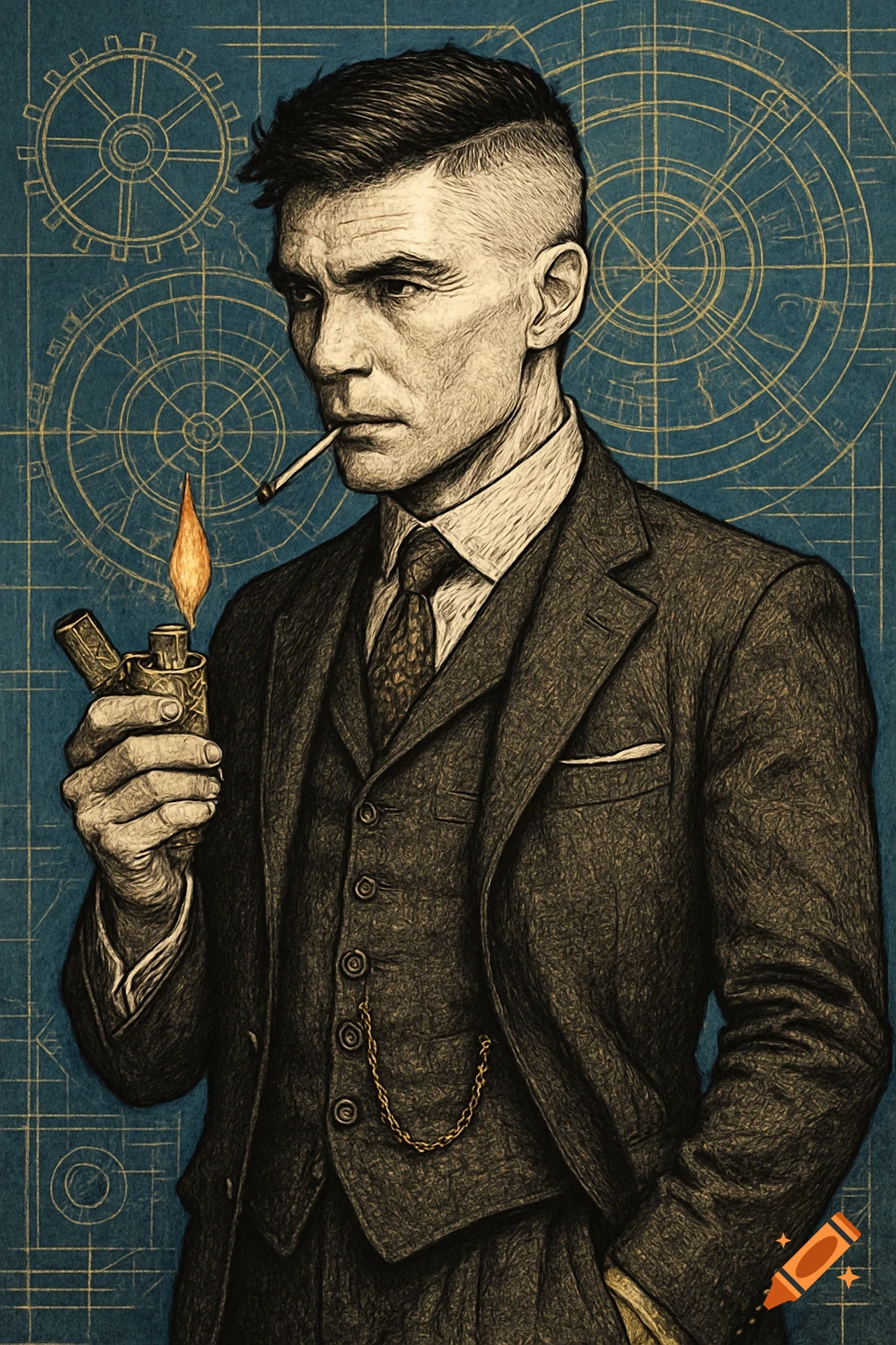 Artistic portrait of a man in a three-piece suit with an undercut, holding a lit lighter to a cigarette, against a blueprint background.