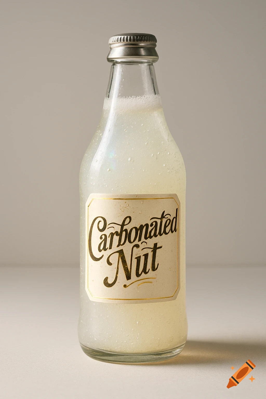 A photorealistic image of a glass bottle containing a white carbonated drink, with a label that reads 'Carbonated Nut'.