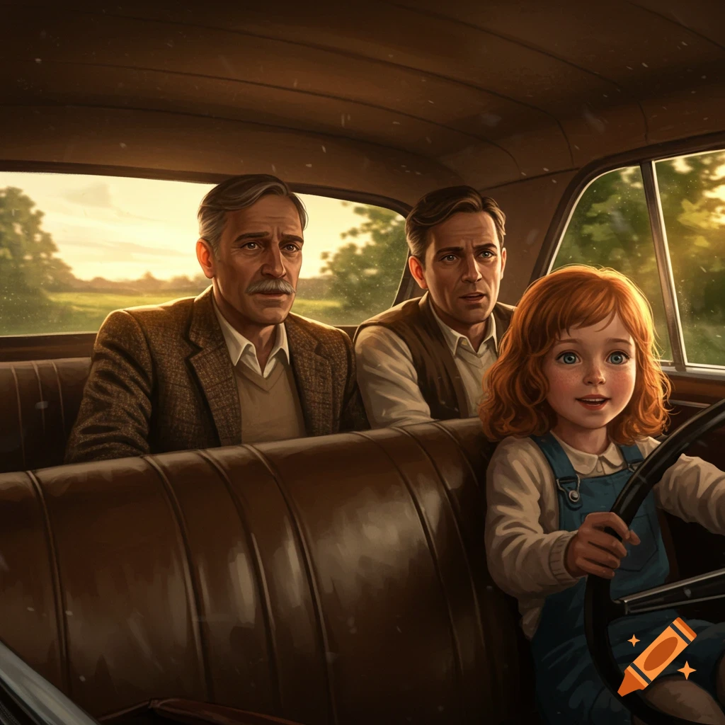 An illustration of a young girl with red hair holding a steering wheel, with two men behind her in a car, bathed in warm sunlight.