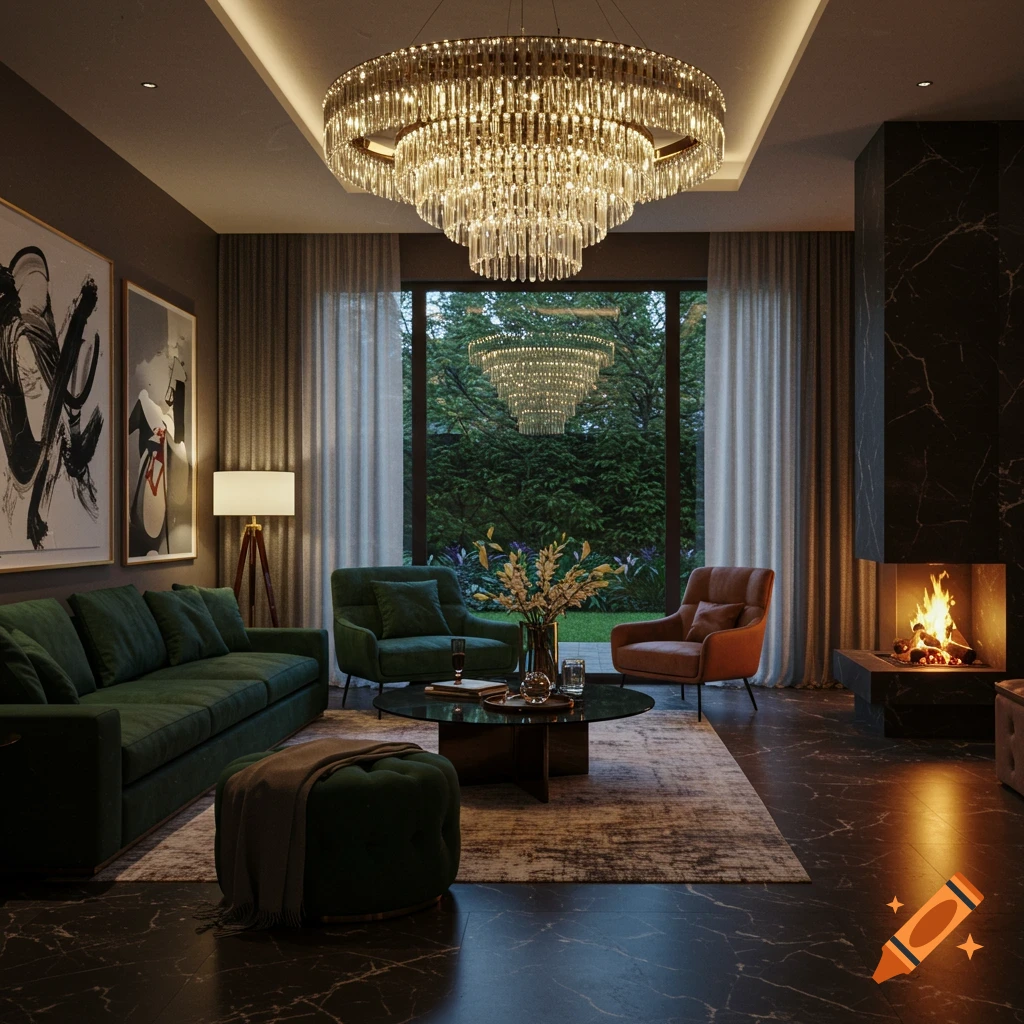 A luxurious modern living room with a large crystal chandelier, green ...