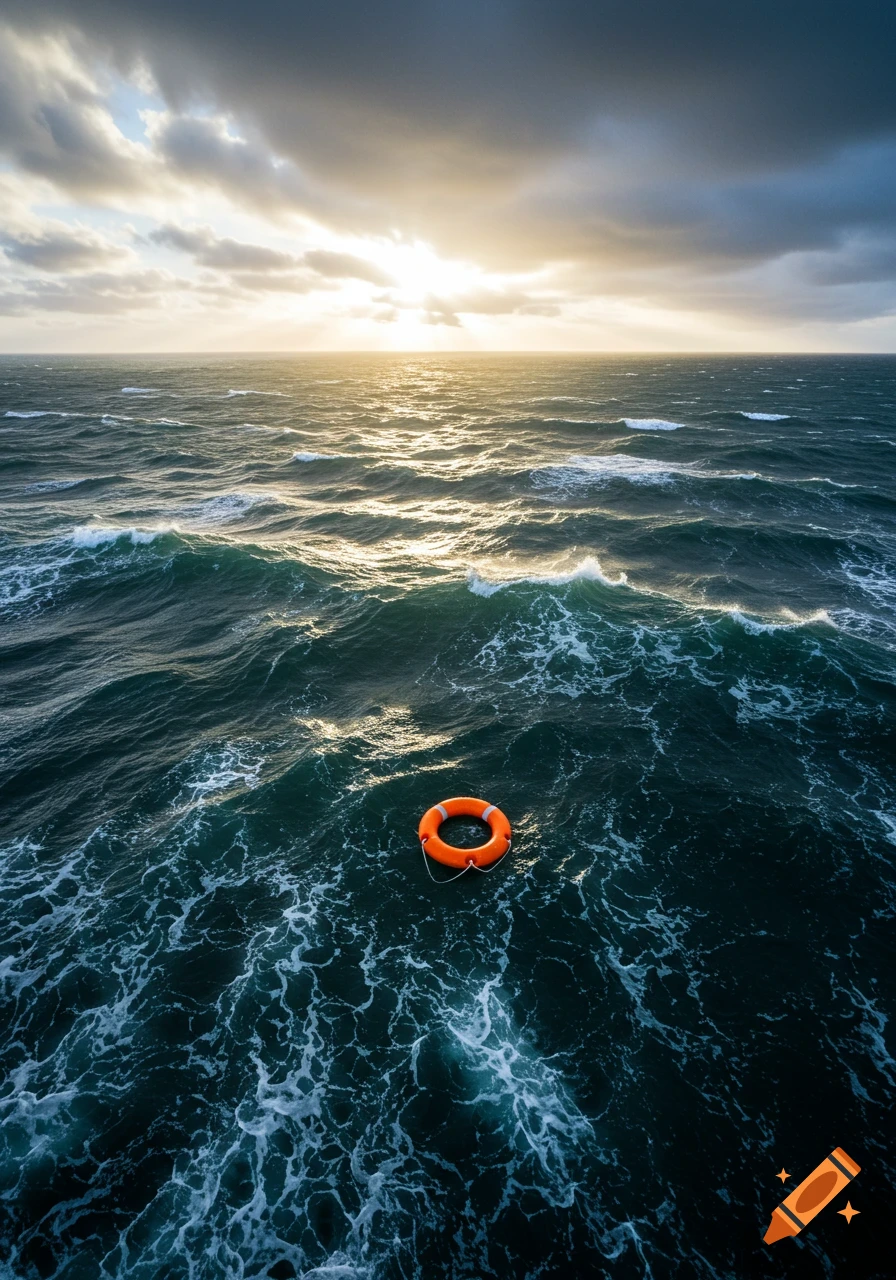 An orange life ring floats in a turbulent, dark green sea under a dramatic sky with sun rays shining through clouds.