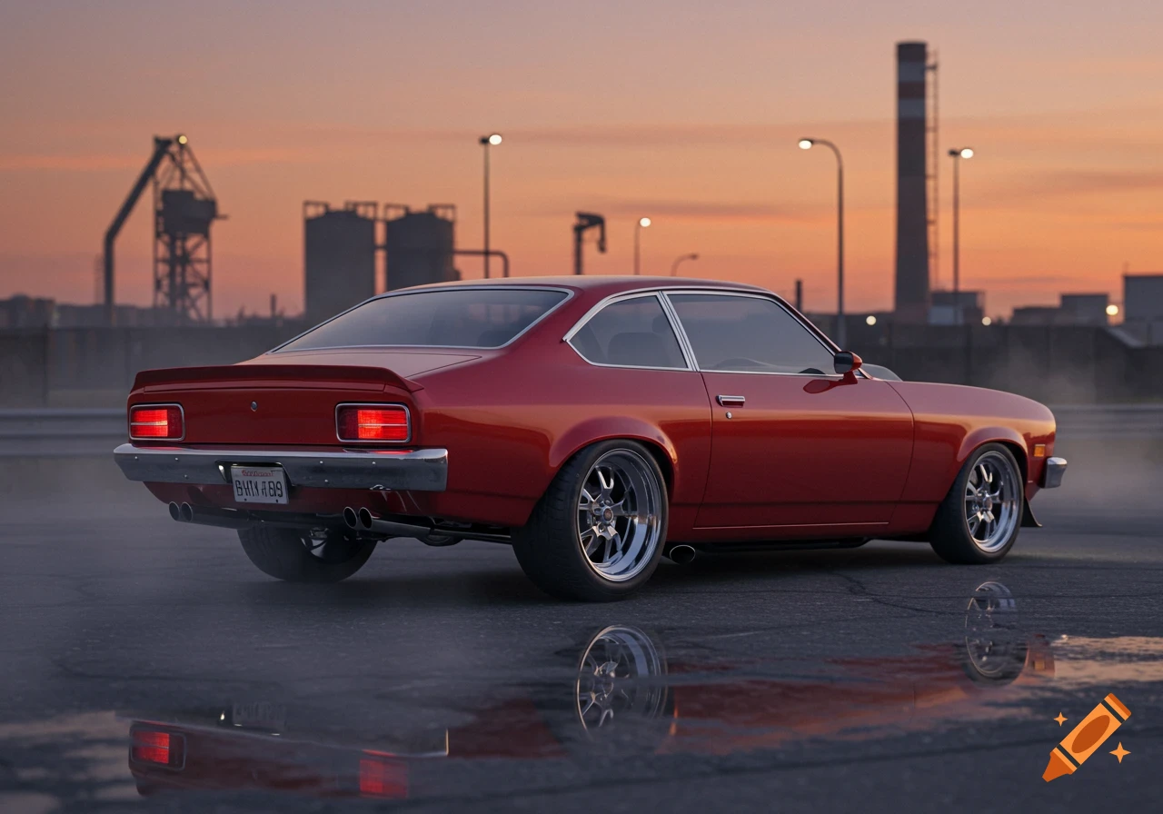 A sleek red vintage hot rod car with chrome wheels sits on a wet street reflecting the vehicle, against a sunset industrial backdrop.