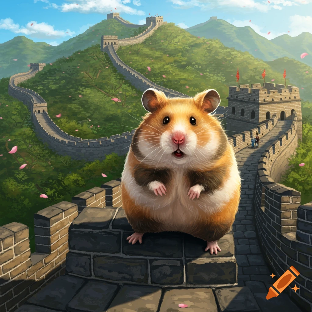 A cute, fluffy hamster stands on the Great Wall of China, which snakes across green hills under a blue sky.