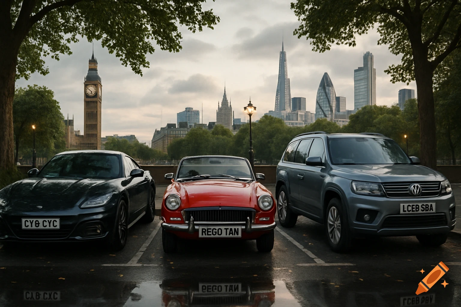 Three cars, a black sports car, a red classic convertible, and a gray SUV, parked on a wet street with London landmarks like Big Ben and The Shard in the background.
