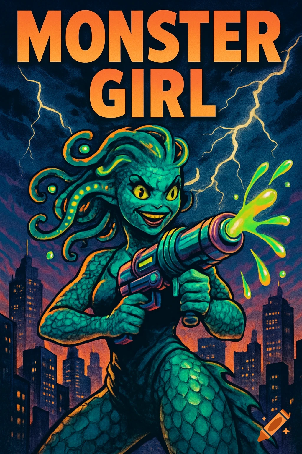 A vibrant comic-style poster of a green monster girl with tentacles for hair, holding a slime blaster in a city under a stormy sky.