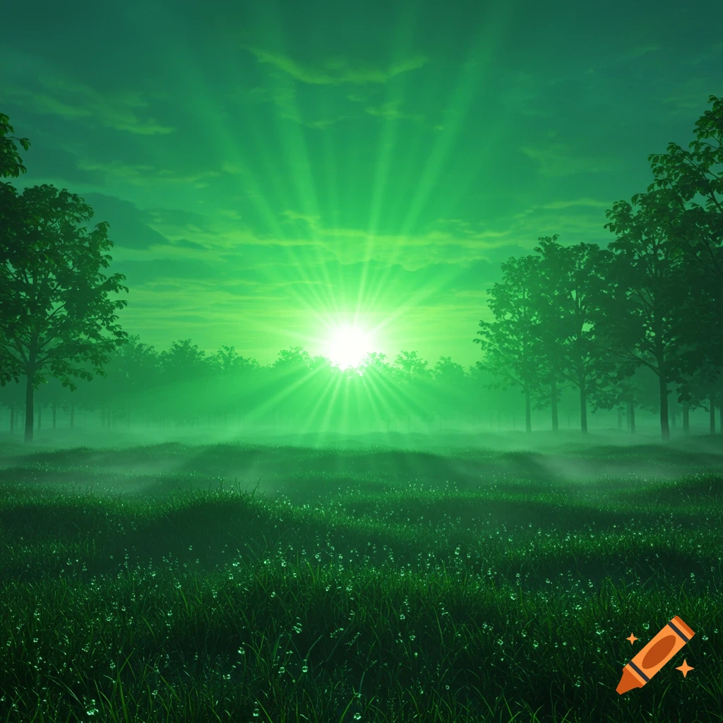 Vibrant green sunrise over a misty forest and dewy grass field, rendered in a digital art style.