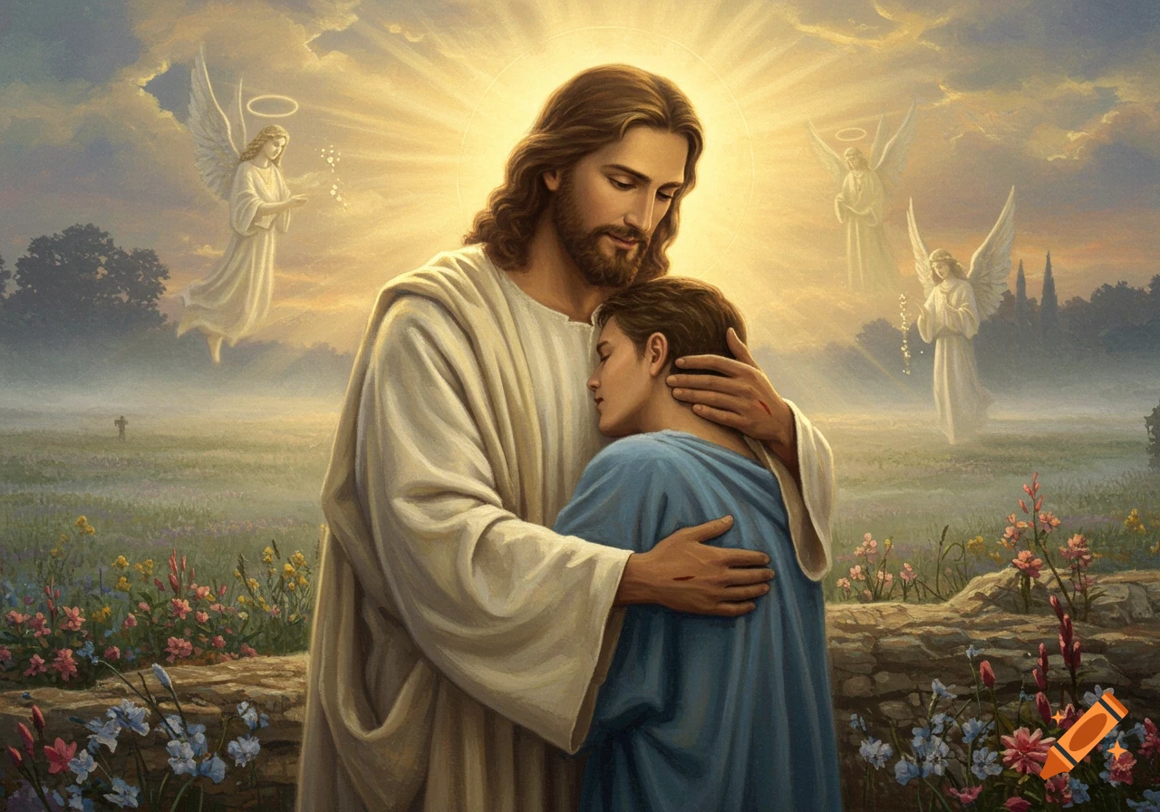 Jesus Christ with a beard and long hair, wearing a white robe, embraces a young person in a blue tunic, with radiant light and angels in a flower field.