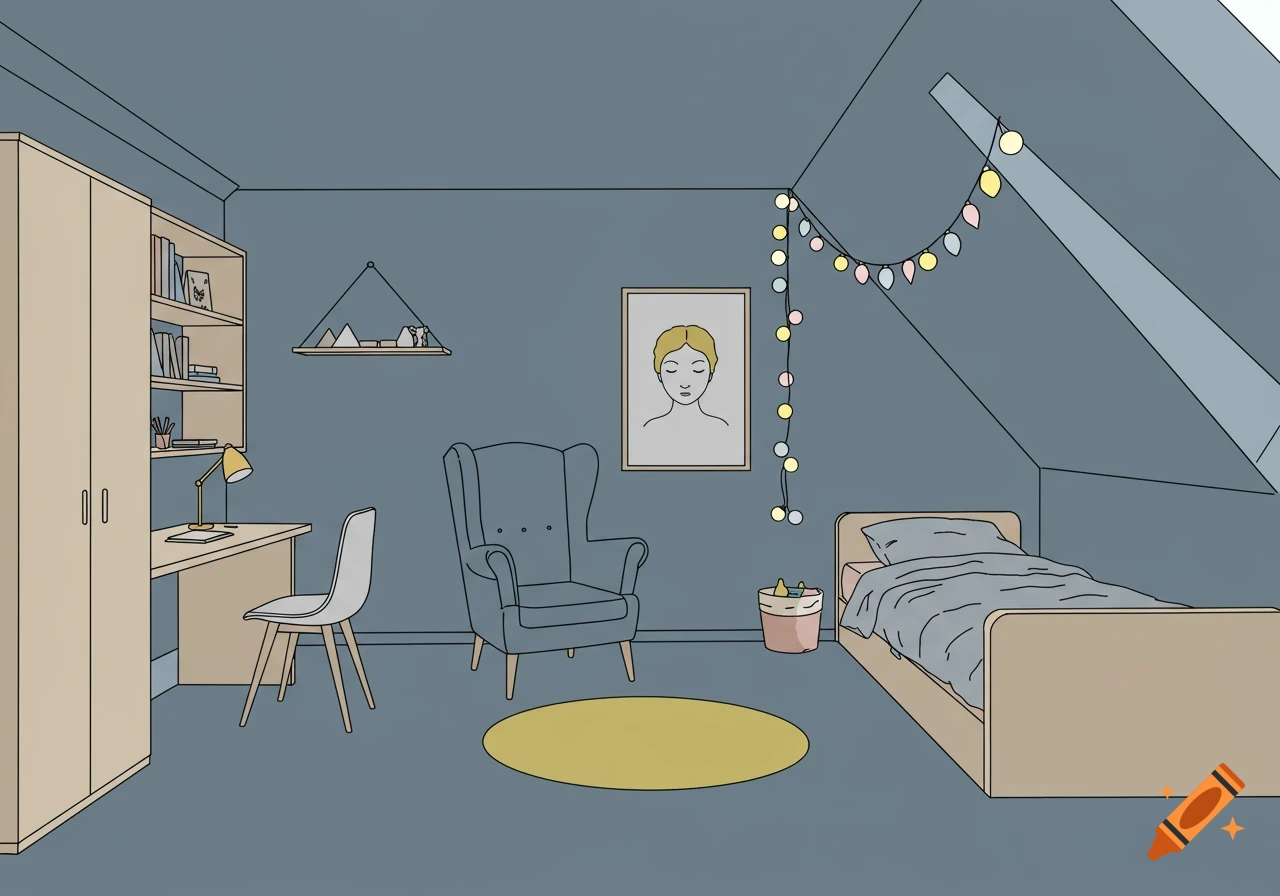 A simple graphic illustration of a child's room with blue-grey walls, a desk and bookshelf, an armchair, a bed under a slanted ceiling, and string lights.
