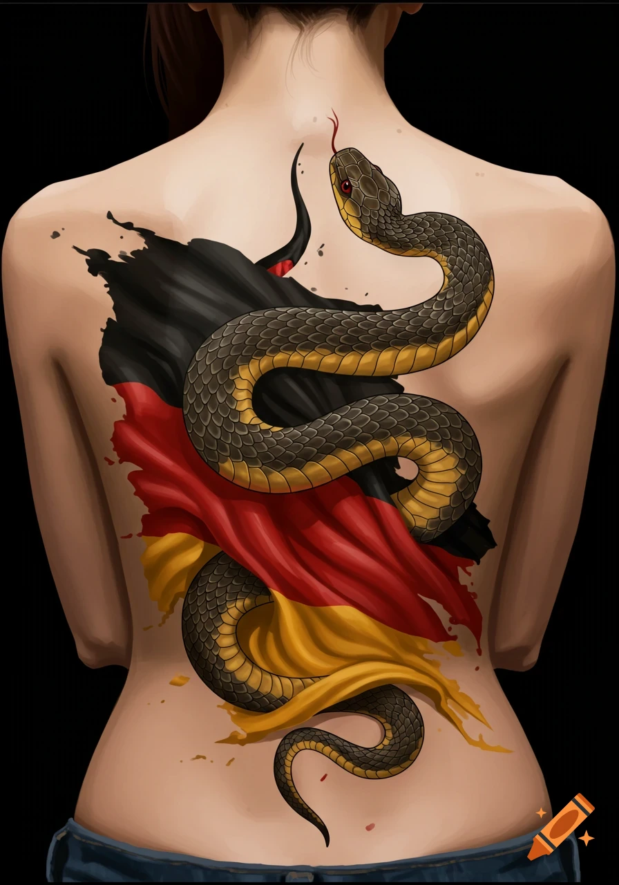 A digital illustration of a large tattoo covering a woman's back, featuring a snake wrapped around a flowing German flag.