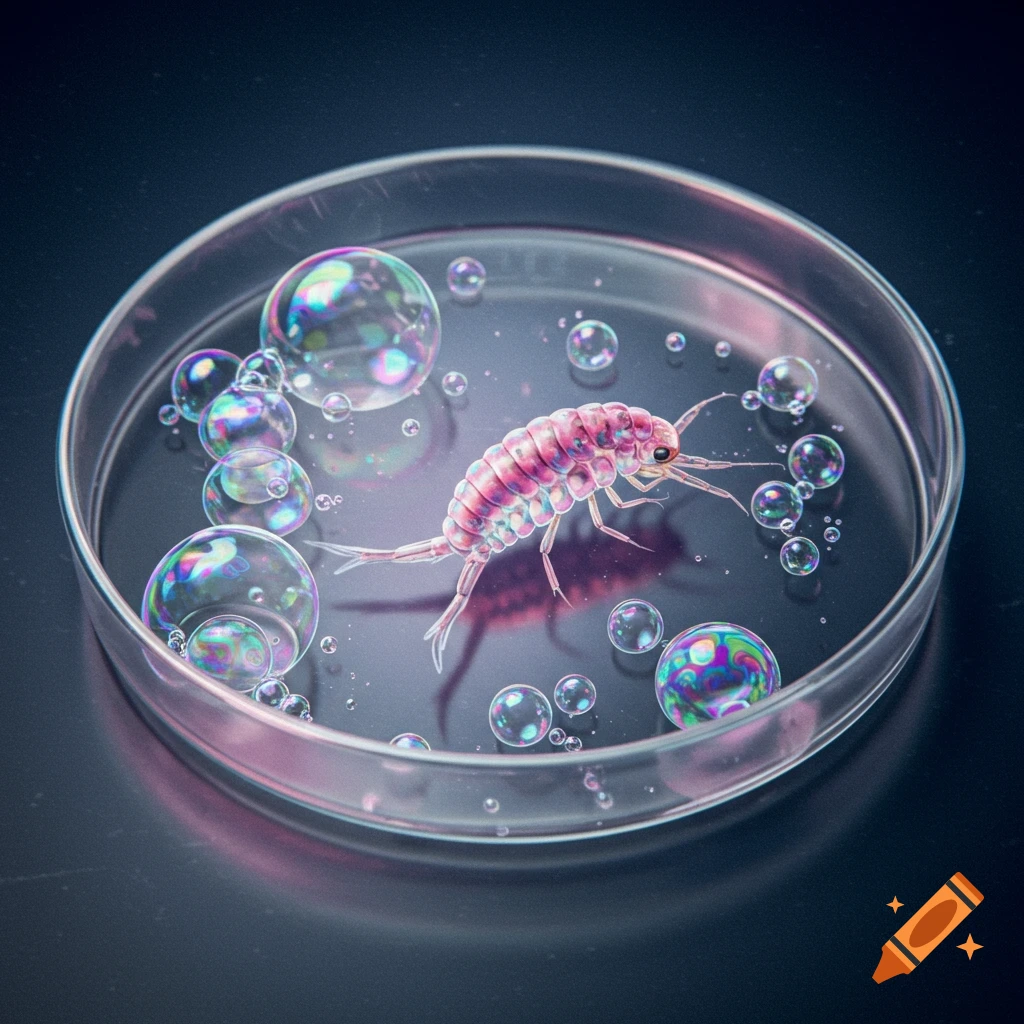 A translucent pinkish aquatic creature in a petri dish with iridescent bubbles on a dark background.