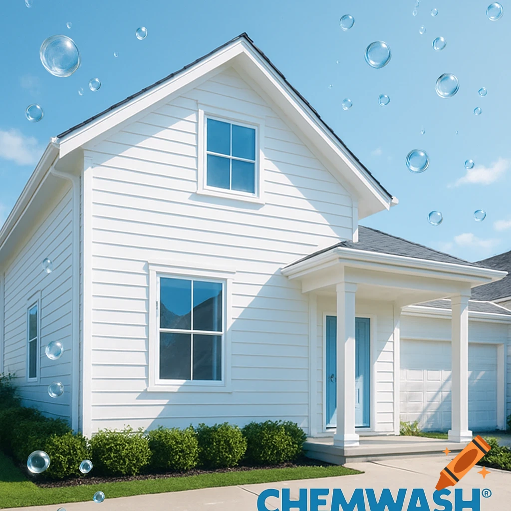 A clean white house with blue doors under a clear sky, surrounded by soap bubbles, with the text 'CHEMWASH' at the bottom.
