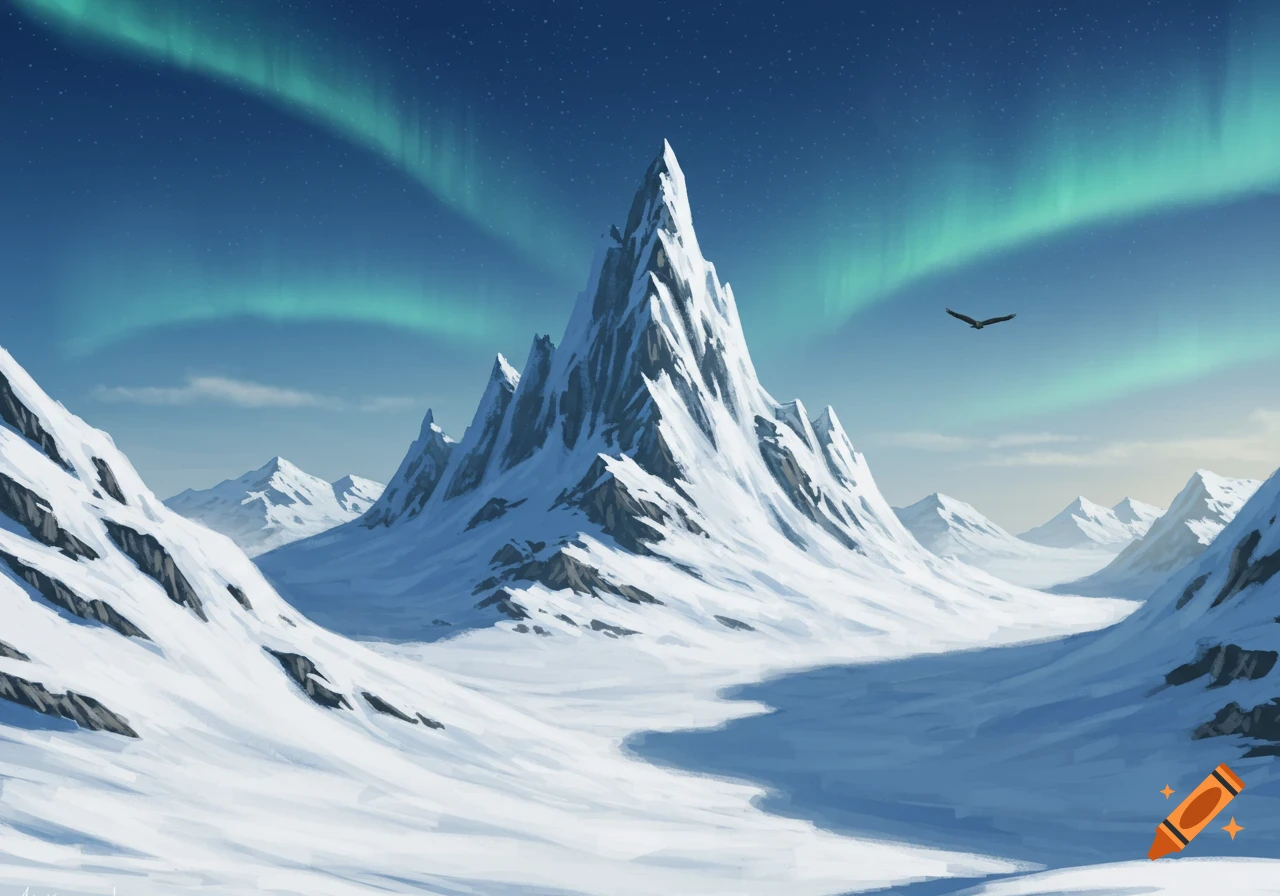 Stylized snowy mountain landscape under an aurora-lit sky, with a sharp central peak and a bird flying.
