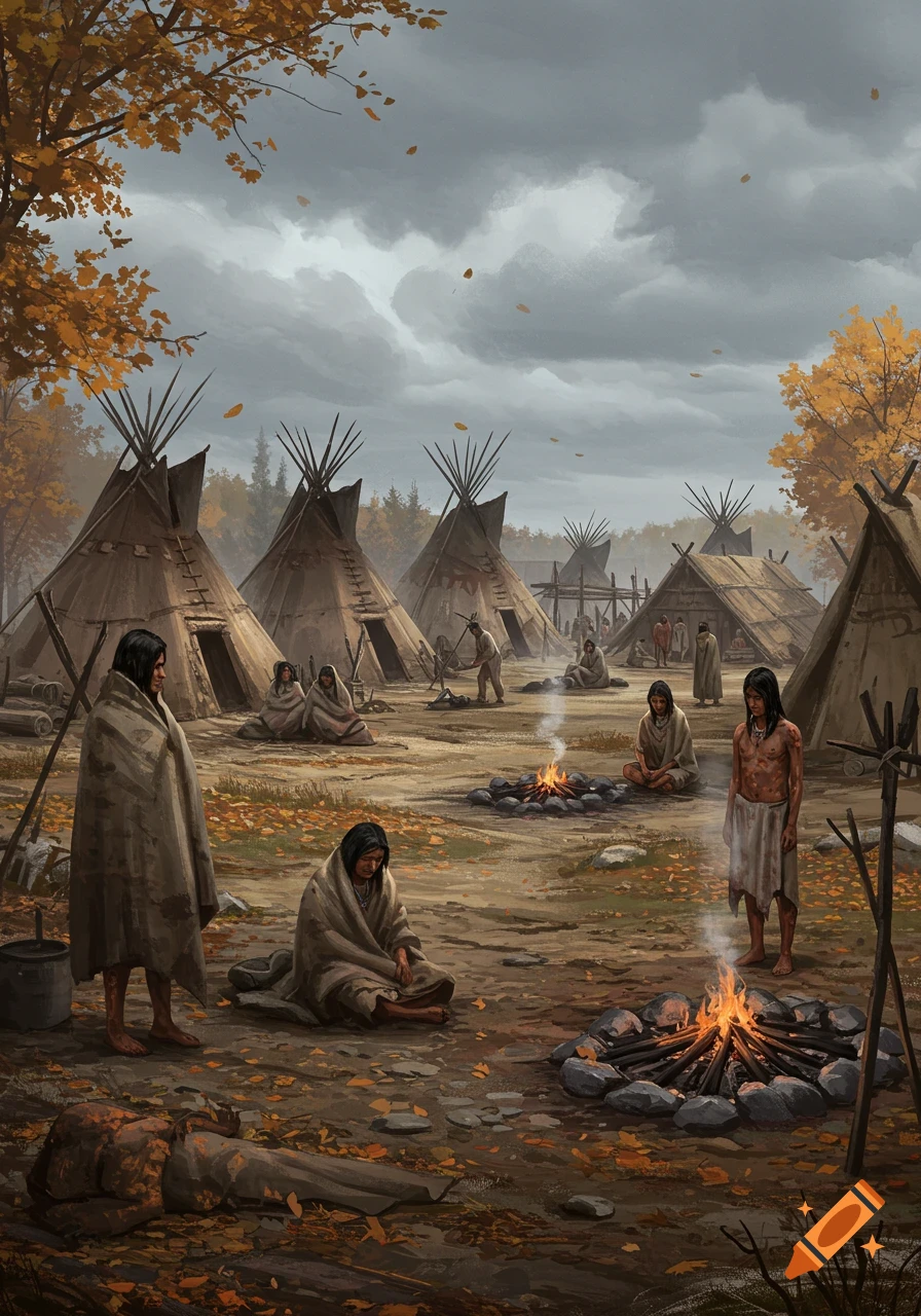 An illustration of a Native American village with teepees, people around campfires, and autumn trees under a cloudy sky.